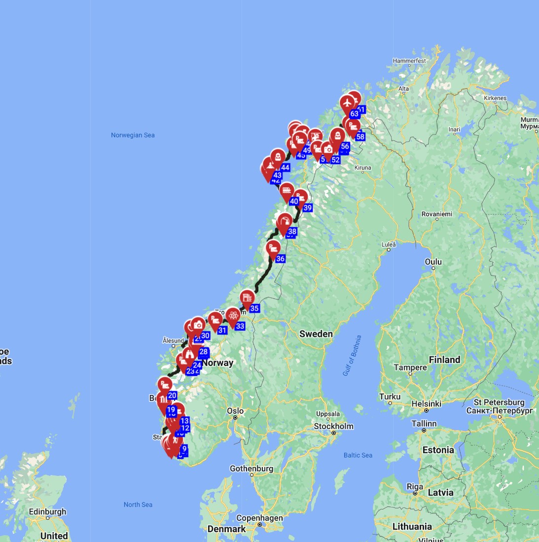 Map for Stavanger to Troms - The Viking Trail
